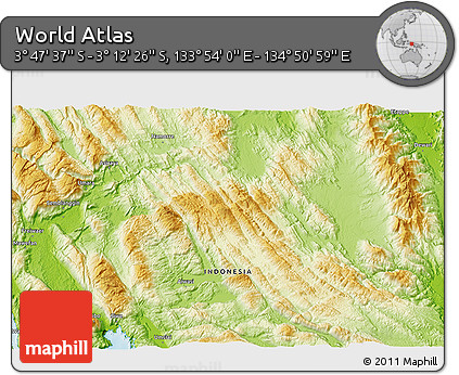 Physical 3D Map of the Area around 3° 30' 2" S, 134° 22' 30" E