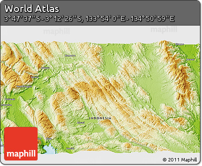Physical 3D Map of the Area around 3° 30' 2" S, 134° 22' 30" E