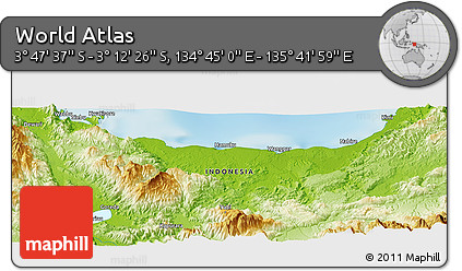 Physical Panoramic Map of the Area around 3° 30' 2" S, 135° 13' 29" E