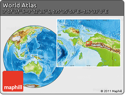 Physical Location Map of the Area around 3° 30' 2" S, 136° 4' 29" E