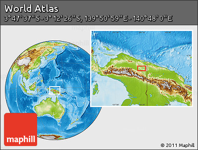 Physical Location Map of the Area around 3° 30' 2" S, 140° 19' 29" E