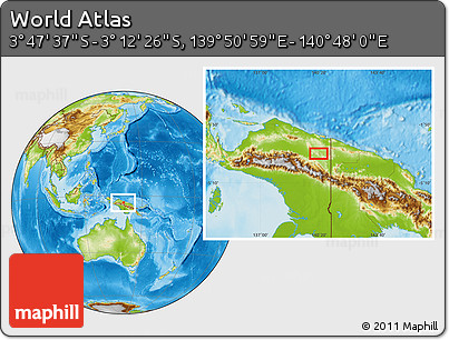 Physical Location Map of the Area around 3° 30' 2" S, 140° 19' 29" E