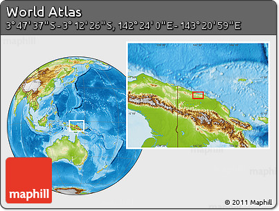 Physical Location Map of the Area around 3° 30' 2" S, 142° 52' 30" E
