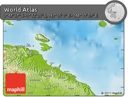 Physical Map of the Area around 3° 30' 2" S, 143° 43' 29" E
