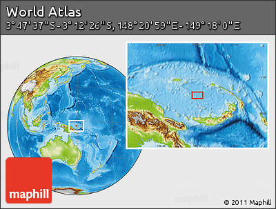 Physical Location Map of the Area around 3° 30' 2" S, 148° 49' 29" E