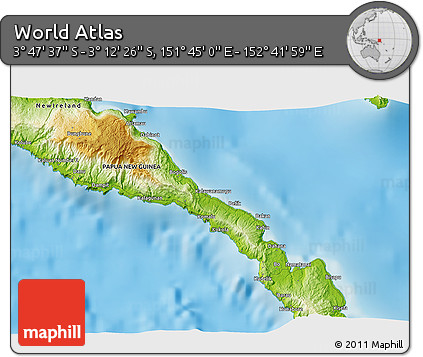 Physical 3D Map of the Area around 3° 30' 2" S, 152° 13' 29" E