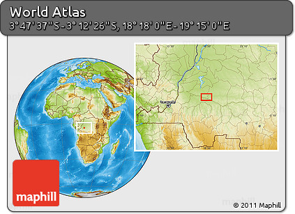 Physical Location Map of the Area around 3° 30' 2" S, 18° 46' 29" E