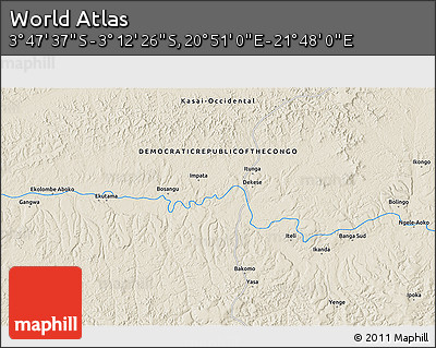 Shaded Relief 3D Map of the Area around 3° 30' 2" S, 21° 19' 30" E