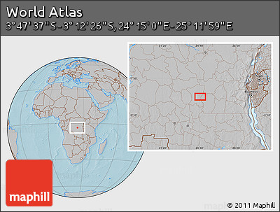 Gray Location Map of the Area around 3° 30' 2" S, 24° 43' 30" E, hill shading