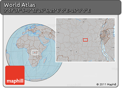 Gray Location Map of the Area around 3° 30' 2" S, 25° 34' 30" E, hill shading