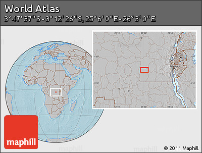 Gray Location Map of the Area around 3° 30' 2" S, 25° 34' 30" E, hill shading