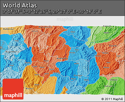 Political 3D Map of the Area around 3° 30' 2" S, 29° 49' 30" E