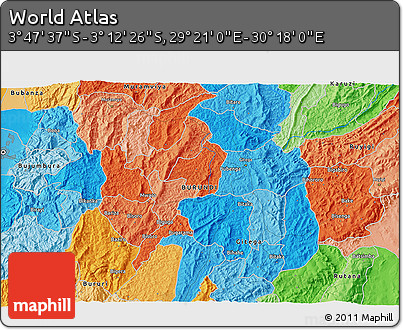 Political 3D Map of the Area around 3° 30' 2" S, 29° 49' 30" E