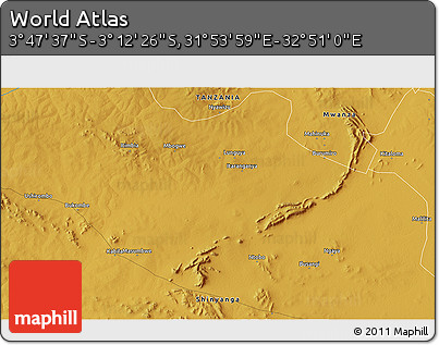Physical 3D Map of the Area around 3° 30' 2" S, 32° 22' 30" E