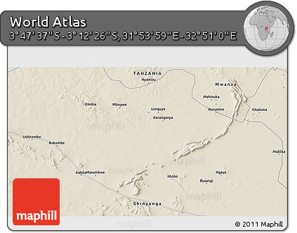Shaded Relief 3D Map of the Area around 3° 30' 2" S, 32° 22' 30" E