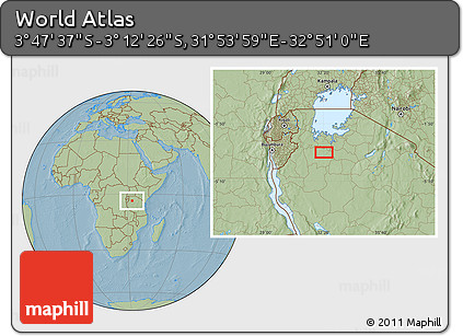 Savanna Style Location Map of the Area around 3° 30' 2" S, 32° 22' 30" E, hill shading