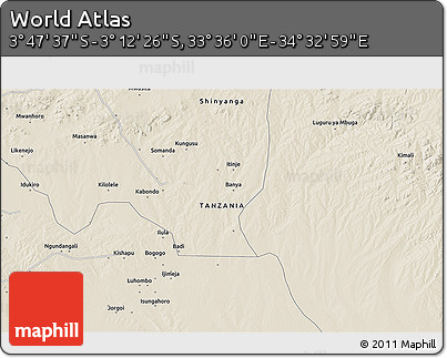Shaded Relief 3D Map of the Area around 3° 30' 2" S, 34° 4' 30" E