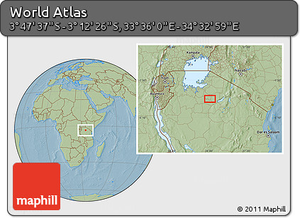 Savanna Style Location Map of the Area around 3° 30' 2" S, 34° 4' 30" E, hill shading