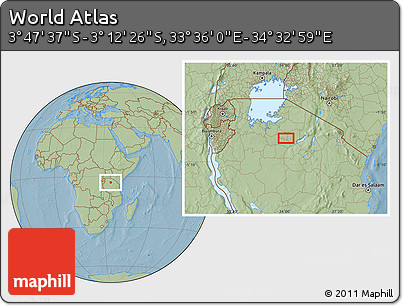 Savanna Style Location Map of the Area around 3° 30' 2" S, 34° 4' 30" E, hill shading