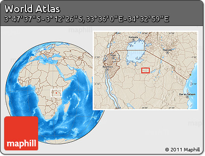 Shaded Relief Location Map of the Area around 3° 30' 2" S, 34° 4' 30" E