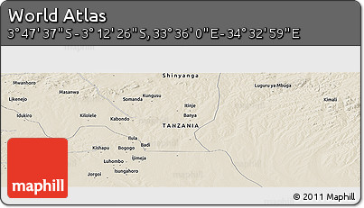 Shaded Relief Panoramic Map of the Area around 3° 30' 2" S, 34° 4' 30" E