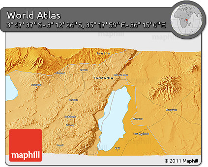 Political 3D Map of the Area around 3° 30' 2" S, 35° 46' 29" E