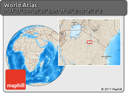 Shaded Relief Location Map of the Area around 3° 30' 2" S, 35° 46' 29" E
