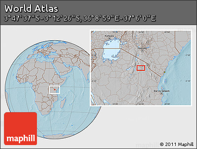 Gray Location Map of the Area around 3° 30' 2" S, 36° 37' 30" E, hill shading