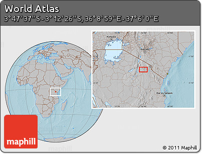 Gray Location Map of the Area around 3° 30' 2" S, 36° 37' 30" E, hill shading