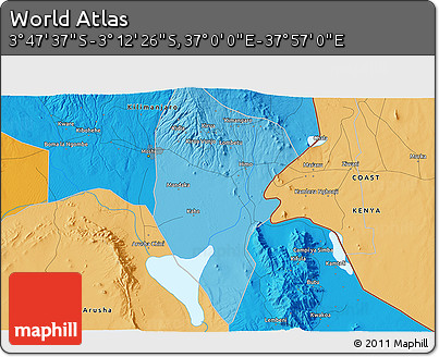 Political 3D Map of the Area around 3° 30' 2" S, 37° 28' 30" E