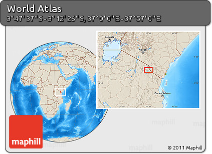 Shaded Relief Location Map of the Area around 3° 30' 2" S, 37° 28' 30" E