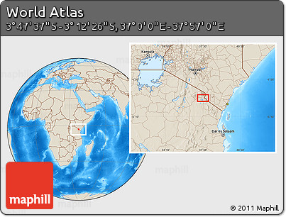 Shaded Relief Location Map of the Area around 3° 30' 2" S, 37° 28' 30" E