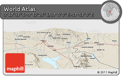 Shaded Relief Panoramic Map of the Area around 3° 30' 2" S, 37° 28' 30" E