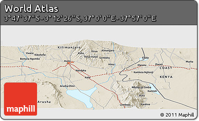 Shaded Relief Panoramic Map of the Area around 3° 30' 2" S, 37° 28' 30" E