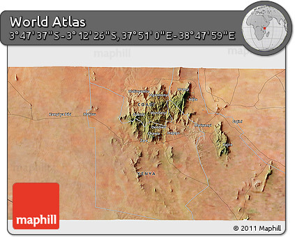 Satellite 3D Map of the Area around 3° 30' 2" S, 38° 19' 30" E