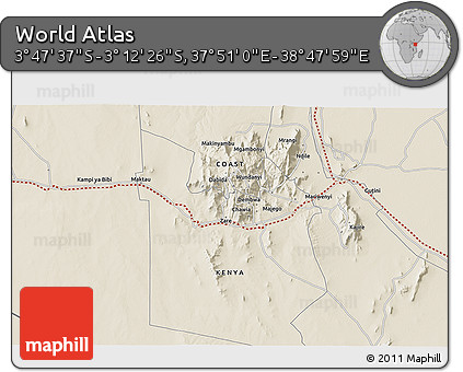 Shaded Relief 3D Map of the Area around 3° 30' 2" S, 38° 19' 30" E