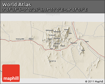 Shaded Relief 3D Map of the Area around 3° 30' 2" S, 38° 19' 30" E