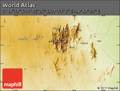 Physical Map of the Area around 3° 30' 2" S, 38° 19' 30" E