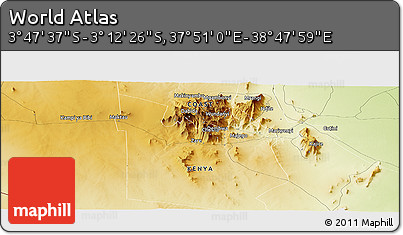 Physical Panoramic Map of the Area around 3° 30' 2" S, 38° 19' 30" E
