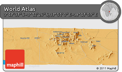 Political Panoramic Map of the Area around 3° 30' 2" S, 38° 19' 30" E