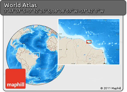 Shaded Relief Location Map of the Area around 3° 30' 2" S, 38° 10' 29" W