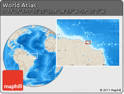 Shaded Relief Location Map of the Area around 3° 30' 2" S, 38° 10' 29" W