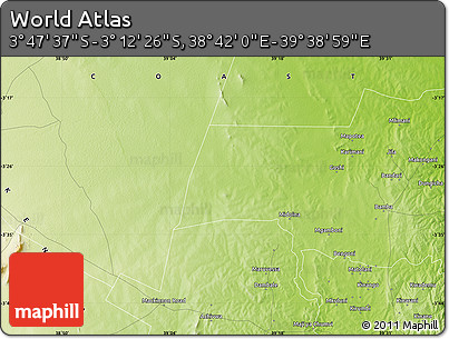 Physical Map of the Area around 3° 30' 2" S, 39° 10' 29" E