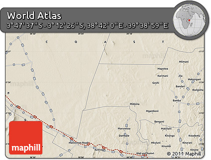 Shaded Relief Map of the Area around 3° 30' 2" S, 39° 10' 29" E