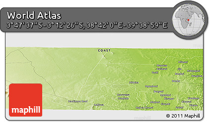 Physical Panoramic Map of the Area around 3° 30' 2" S, 39° 10' 29" E