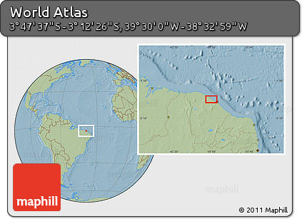 Savanna Style Location Map of the Area around 3° 30' 2" S, 39° 1' 29" W, hill shading