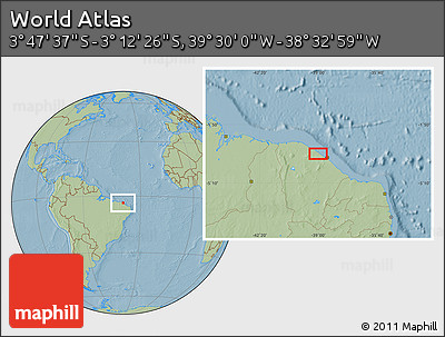 Savanna Style Location Map of the Area around 3° 30' 2" S, 39° 1' 29" W, hill shading