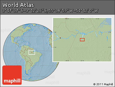 Savanna Style Location Map of the Area around 3° 30' 2" S, 55° 10' 29" W, hill shading