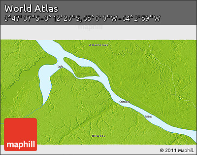 Physical 3D Map of the Area around 3° 30' 2" S, 64° 31' 30" W