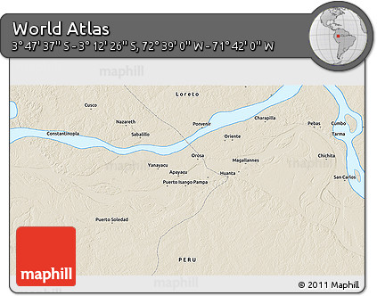 Shaded Relief 3D Map of the Area around 3° 30' 2" S, 72° 10' 30" W